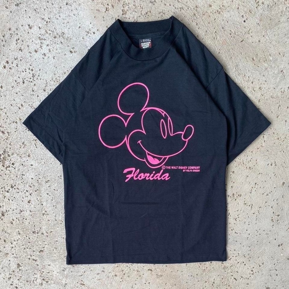 Vintage 90s Velva Sheen Disney Mickey Mouse Florida Pink Screen Stars Shirt